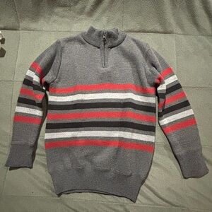 Boys Gray Half-Zip Sweater with Red & Black Stripes